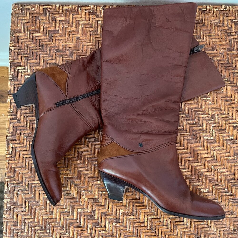 Vtg Etienne Aigner Caramel Leather Knee High Midi Heel Riding Boots 8M